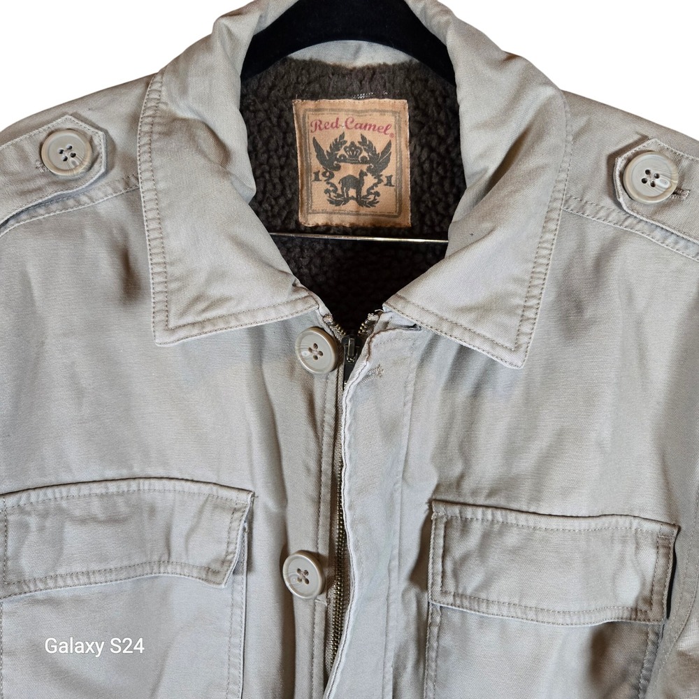 Red Camel Mens Sherpa‎ Lined Utility Jacket Tan Military Style Button Zip Size M